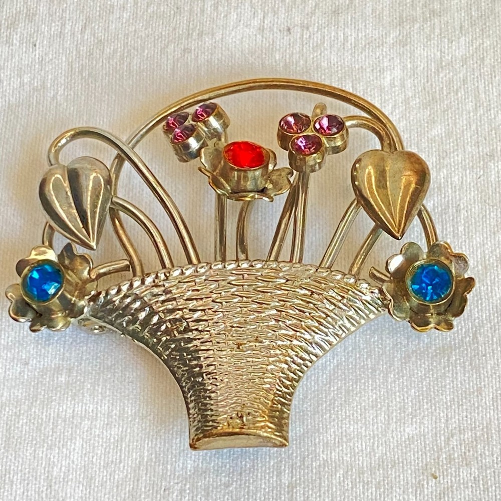 💎Silver Tone Brooch/Pendant Multicolor Rhinestone Flowers In Woven Basket